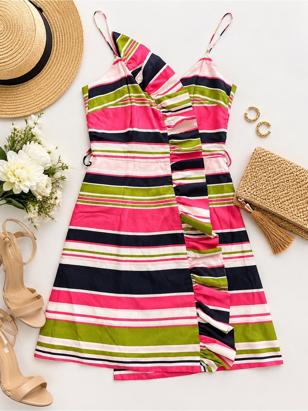 Milly New York 100% Silk Striped Ruffle Cocktail Dress Size 4 Pink Green